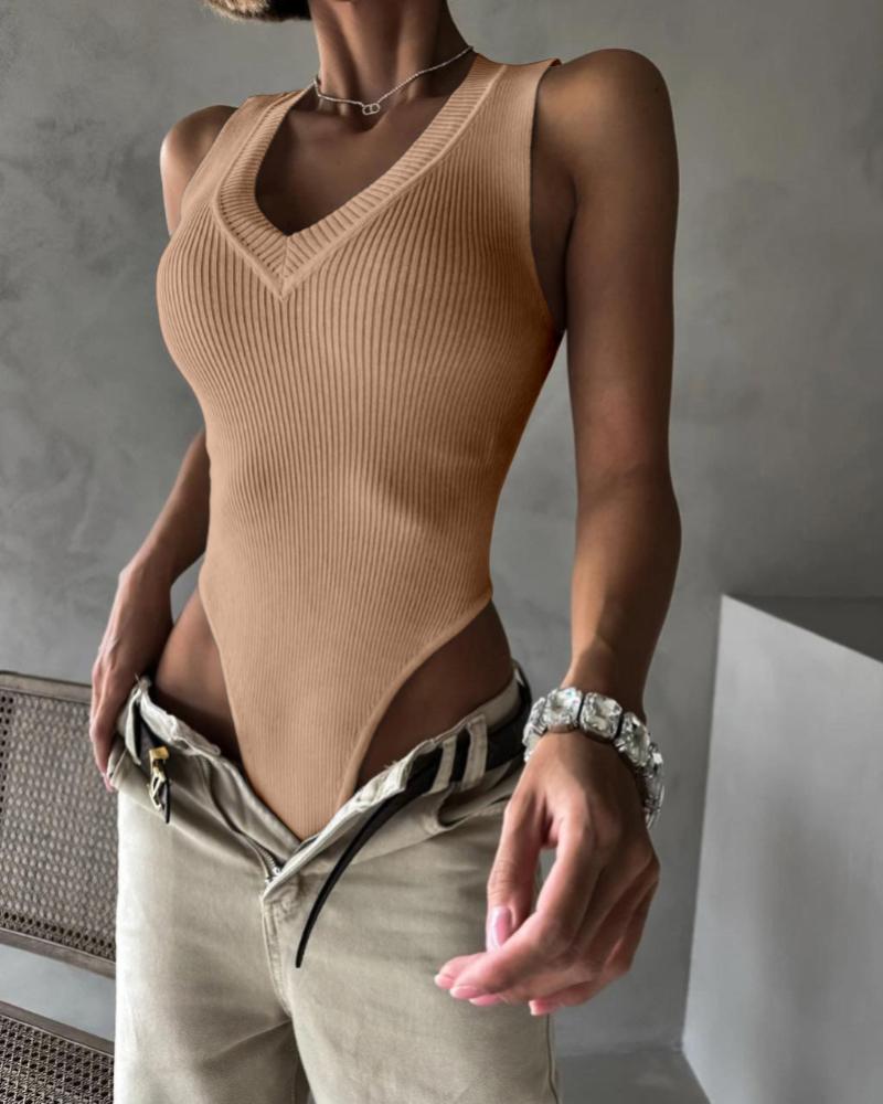 

Body sans manches à col en V Body sexy slim fit côtelé, Khaki