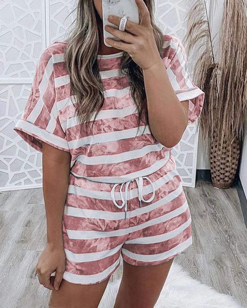 

Tie Dye Striped Print Casual Top & Drawstring Shorts Set, Red