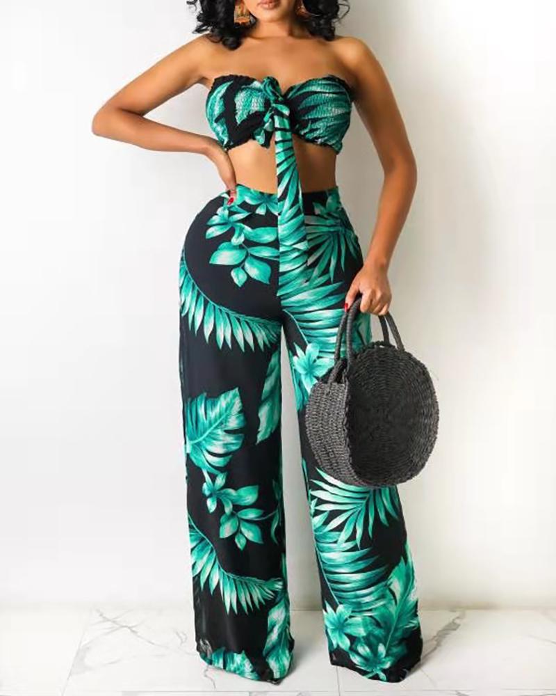 

Tropical Print Bandeau Shirred Crop Top & Pants Set, Black