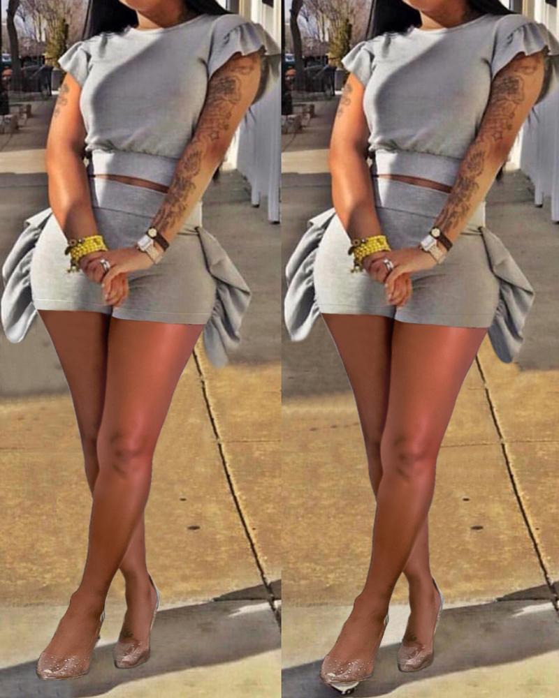

Flutter Sleeve Top & Ruffle Hem Shorts Set, Gray