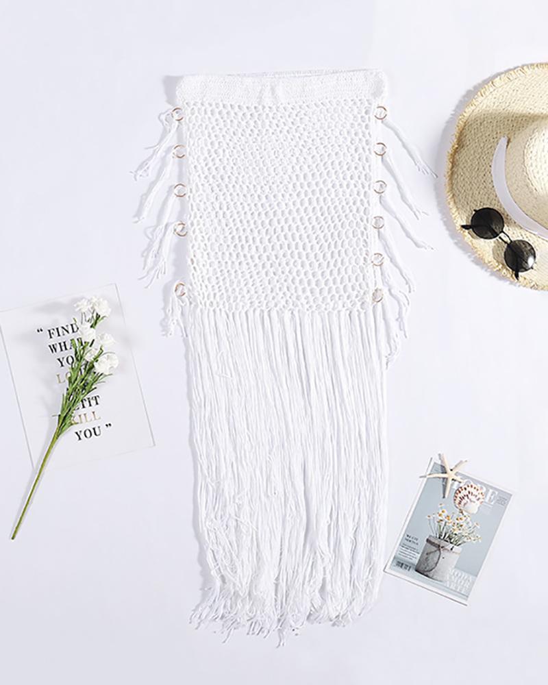 

Hollow-Out Tassel O-Ring Crochet Bohemian Cover Up Skirt, White