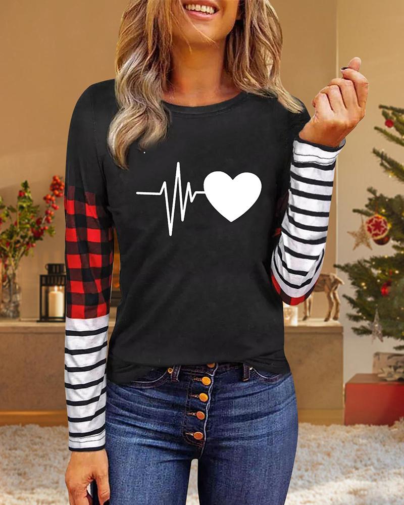 

Valentine' Day Striped Plaid Heart Print Long Sleeve Top, Style2