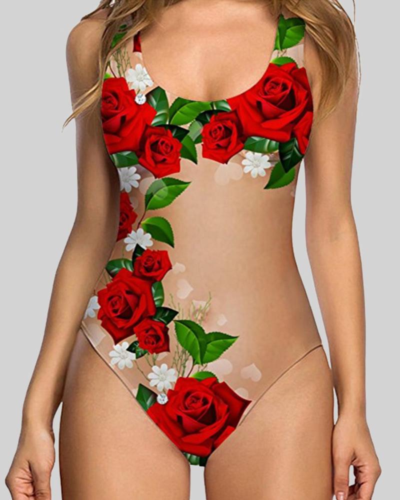 

Floral / Fruit / Graphic Print Sheer Mesh One Piece Swimsuit, Red