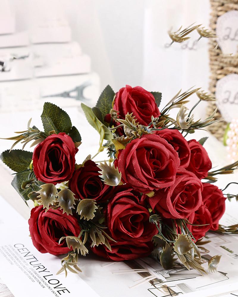 

Artificial Rose Flower Fake Floral Bridal Wedding Bouquet For Home Garden Party Decor, Wine red
