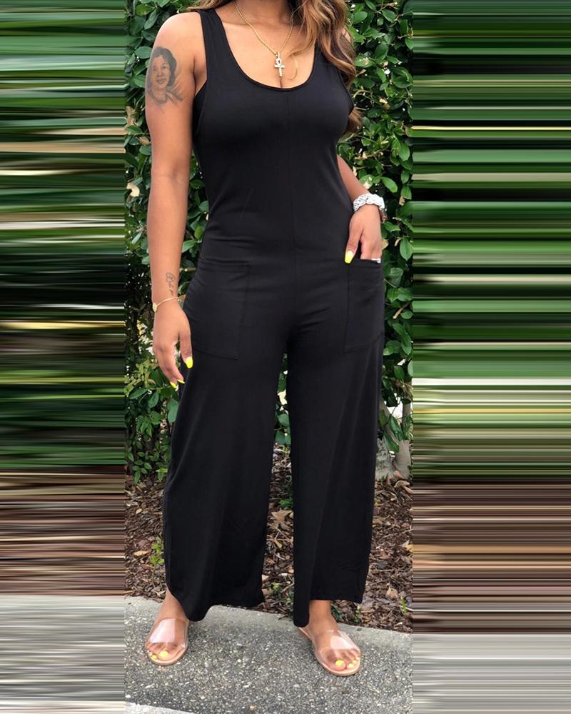 

Pocket Design Thick Strap Solid Jumpsuit, Black