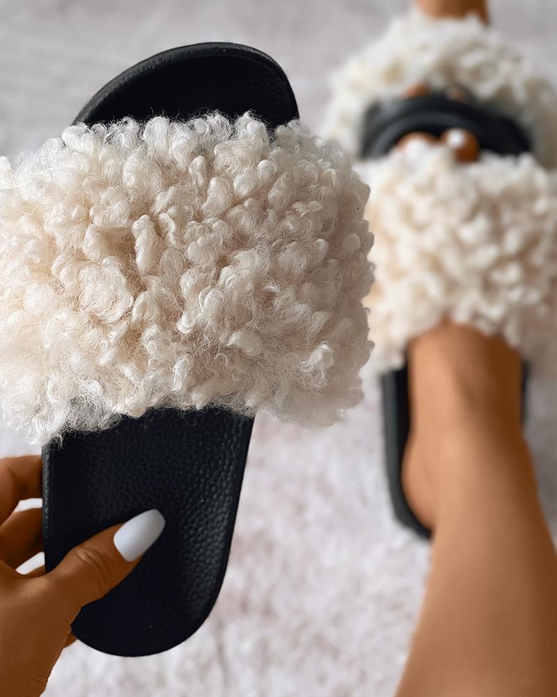 

Fluffy Strap Casual Slippers, Beige