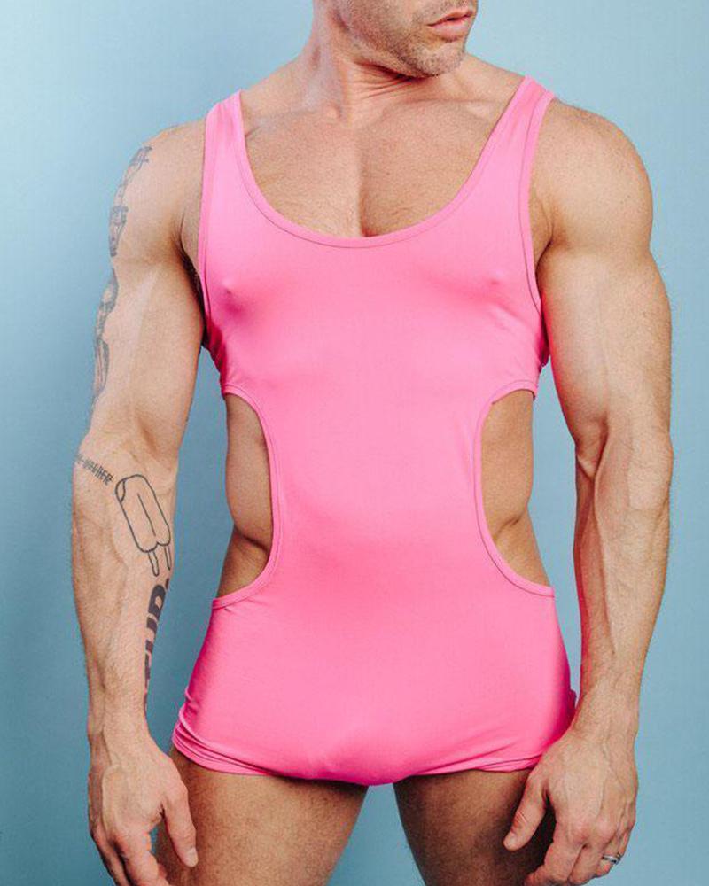 

Solid Color Cut-out Sleeveless Skinny Rompers, Pink