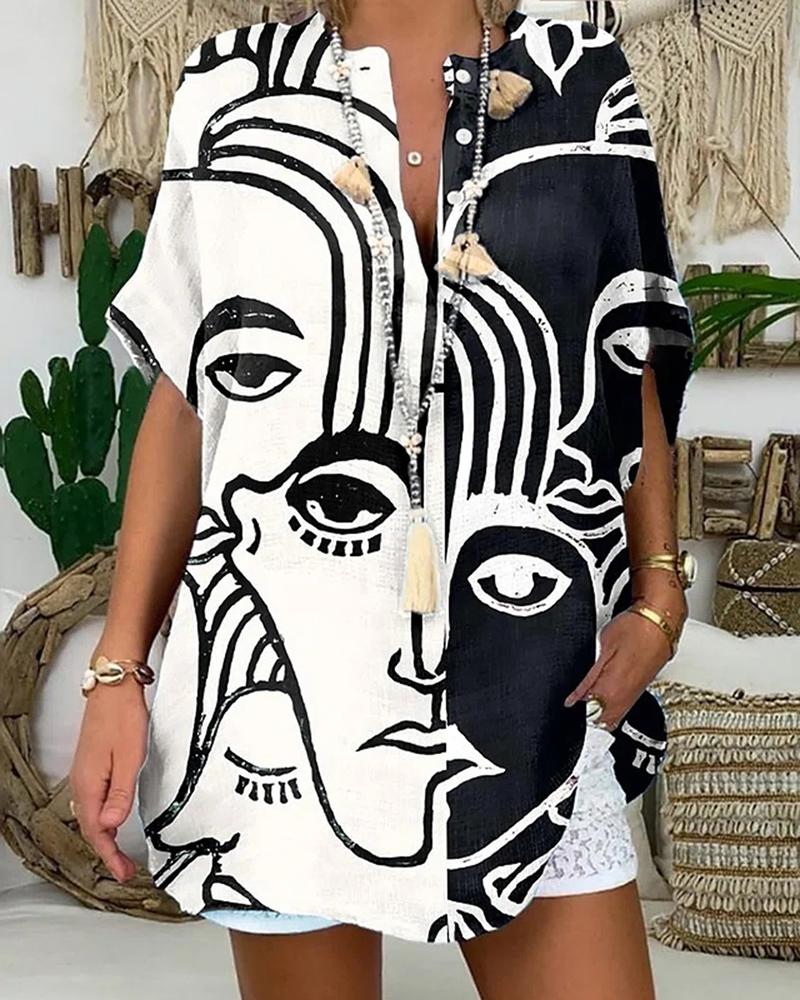 

Figure Print Button Front Shirt, White