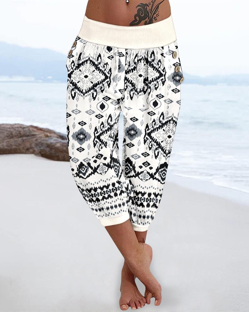 

Pantalon capri taille basse à imprimé tribal avec boutons décoratifs et poches, Blackwhite