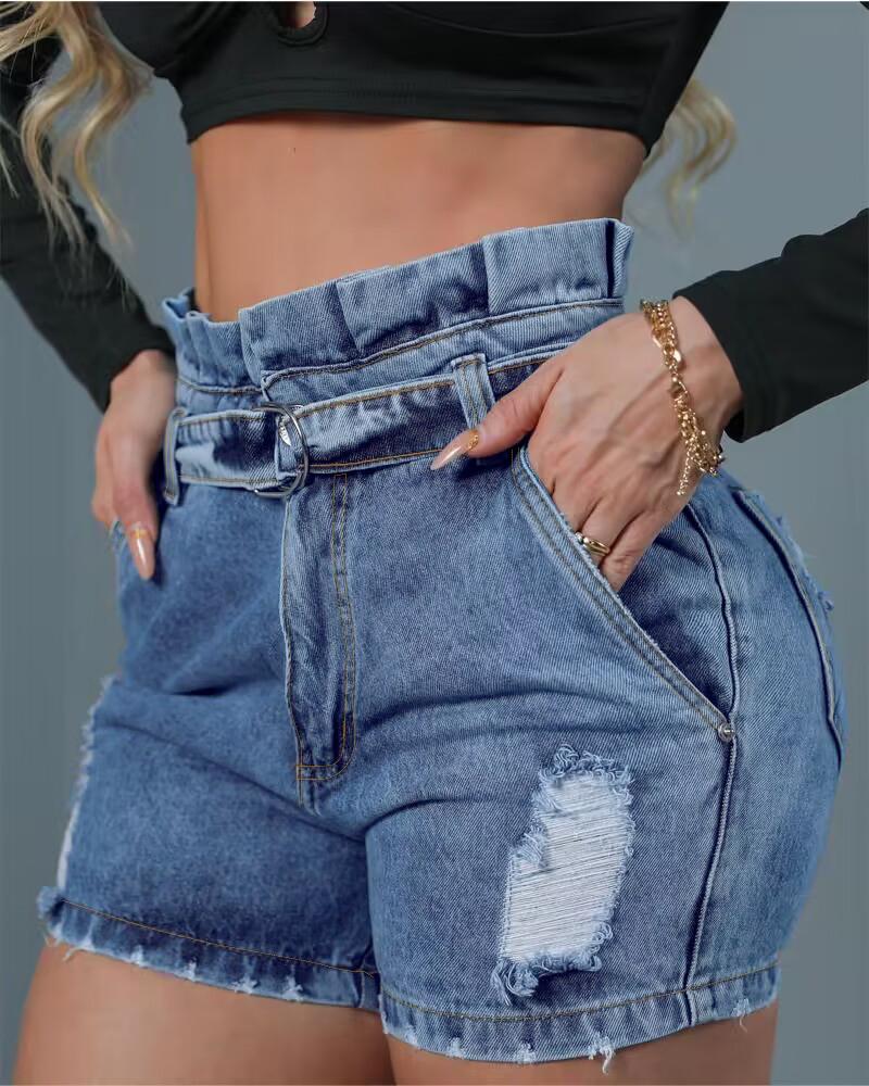 

Paper Bag Waist Ripped Belted Denim Shorts, Blue