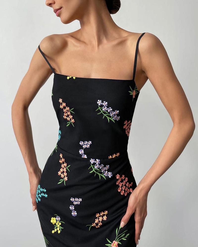 

Multicolor Floral Embroidery Sling Slinky Maxi Dress, Black