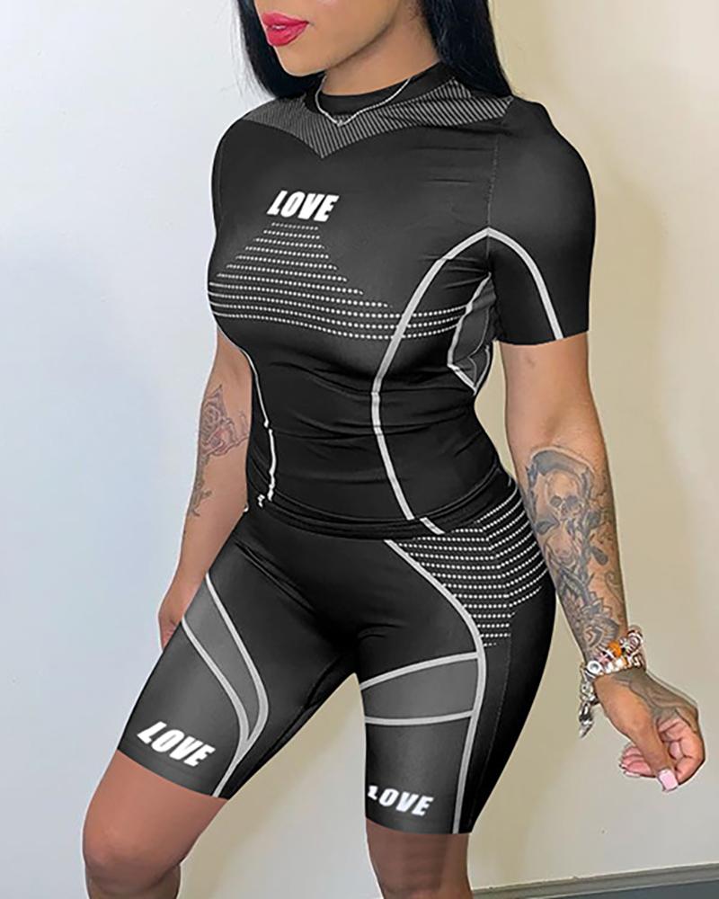 

Letter Print Striped Sporty Women Top & Shorts Set, Black