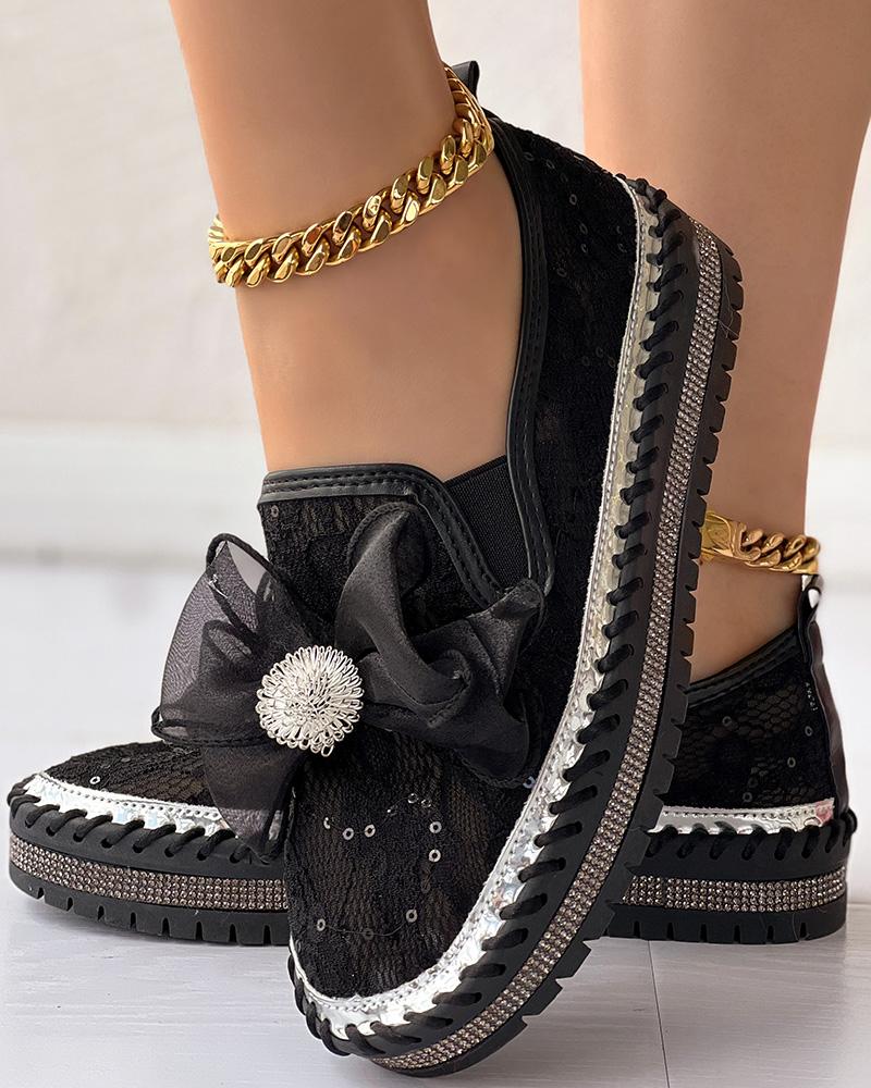 

Contrast Sequin Breathable Bowknot Decor Loafers, Black