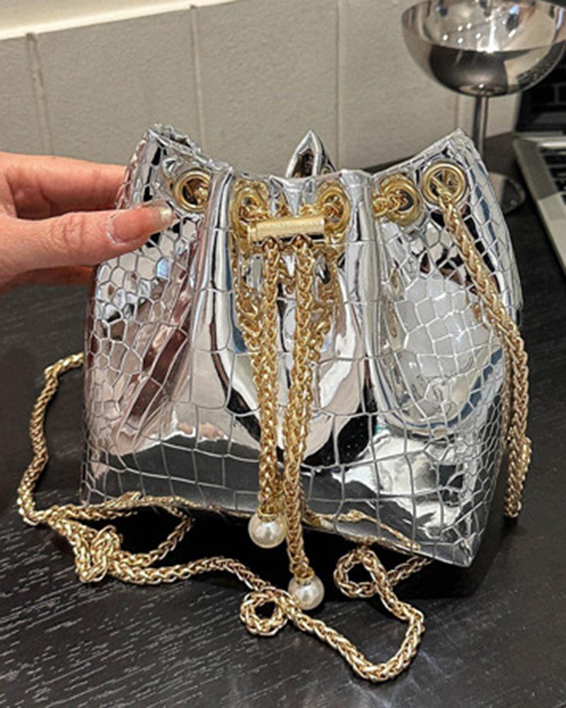 

Crocodile Chain Drawstring Bucket Bag, Silver
