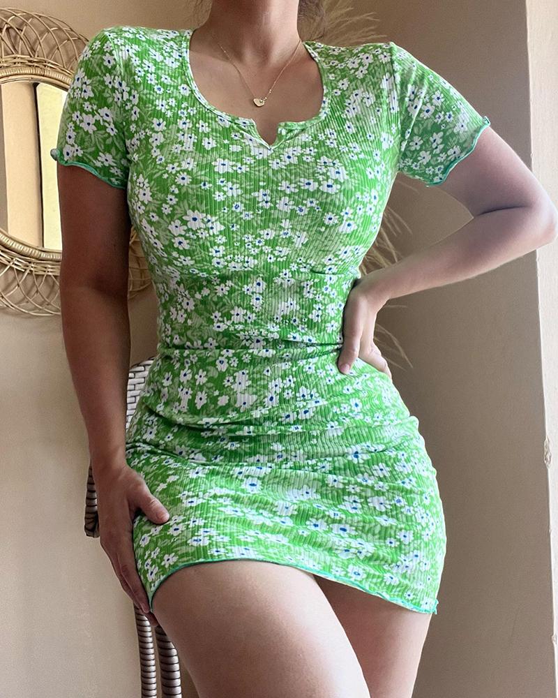 

Ditsy Floral Print Notch Neck Bodycon Dress, Light green