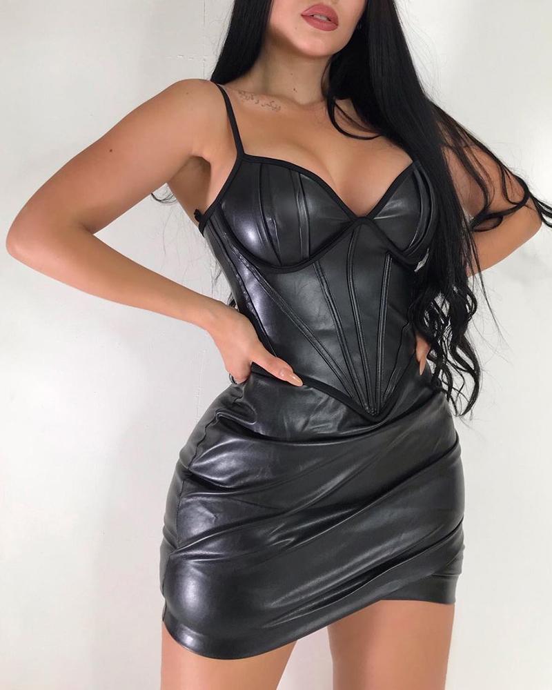 

PU Leather Spaghetti Strap Ruched Bodycon Dress, Black