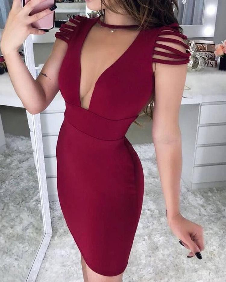 

Tassels shoulder Sheer Mesh Insert Bodycon Dress, Dark red