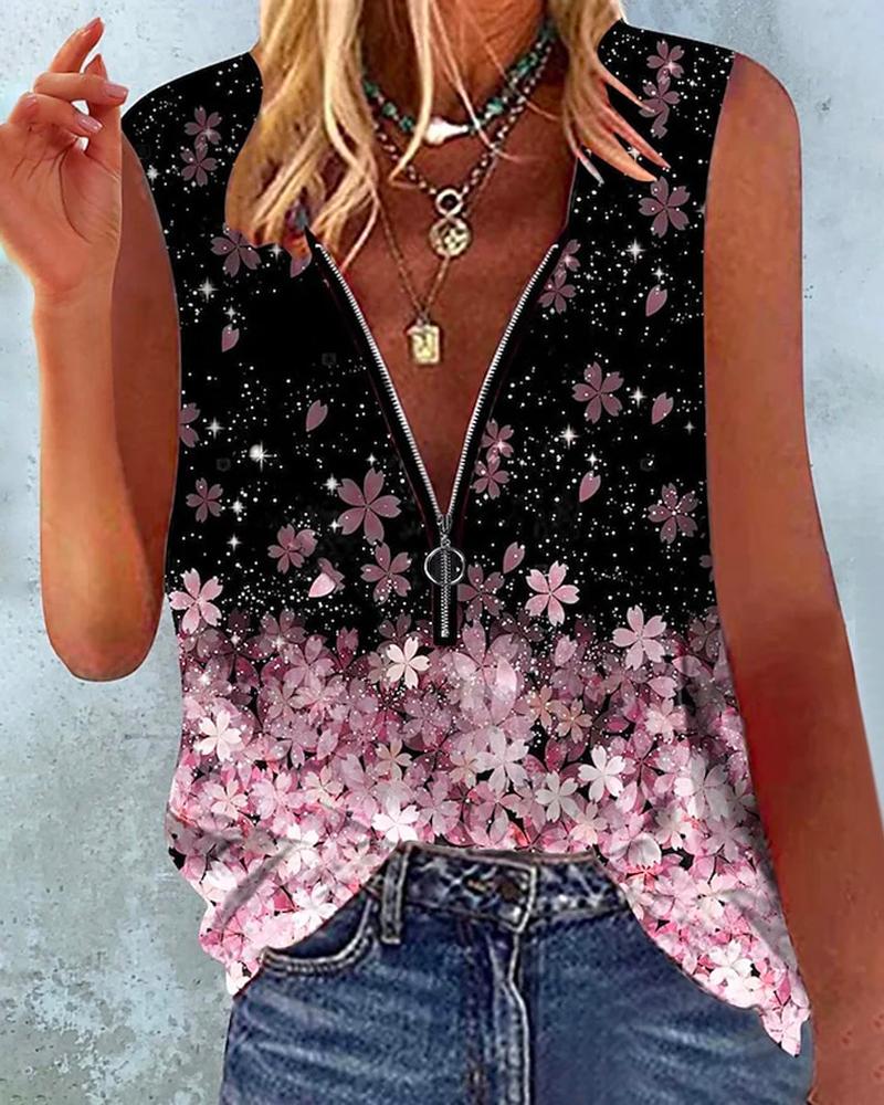 

Cherry Blossoms Print Zip Front Casual Tank Top, Black
