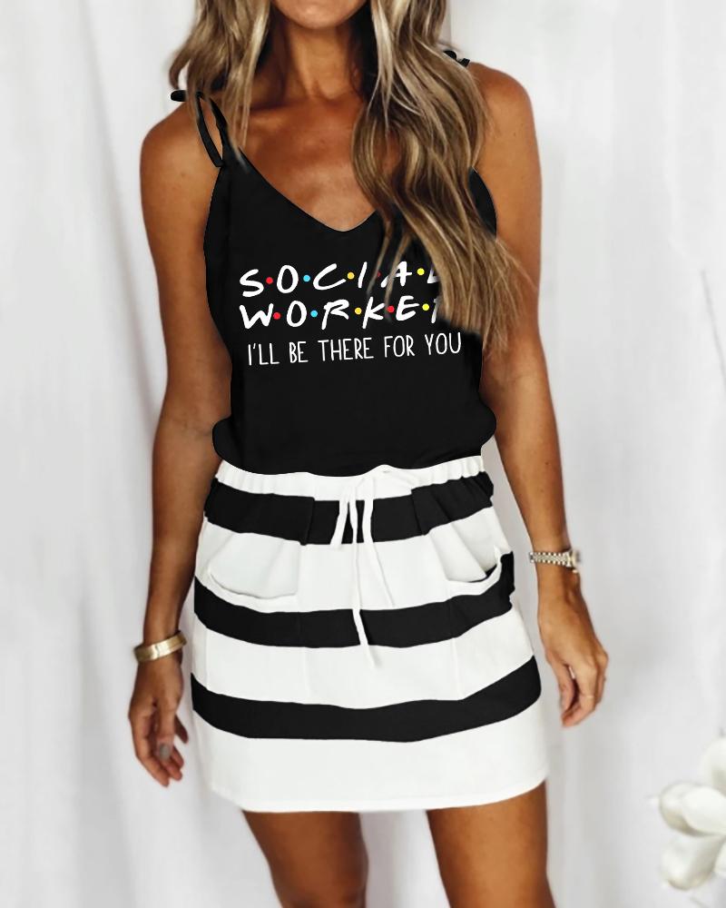 

Letter & Stripe Print Drawstring Casual Dress, Black