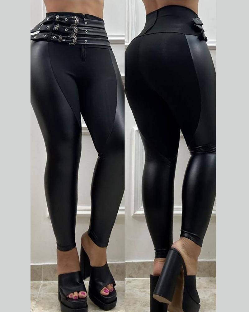 Buckled High Waist PU Leather Pants
