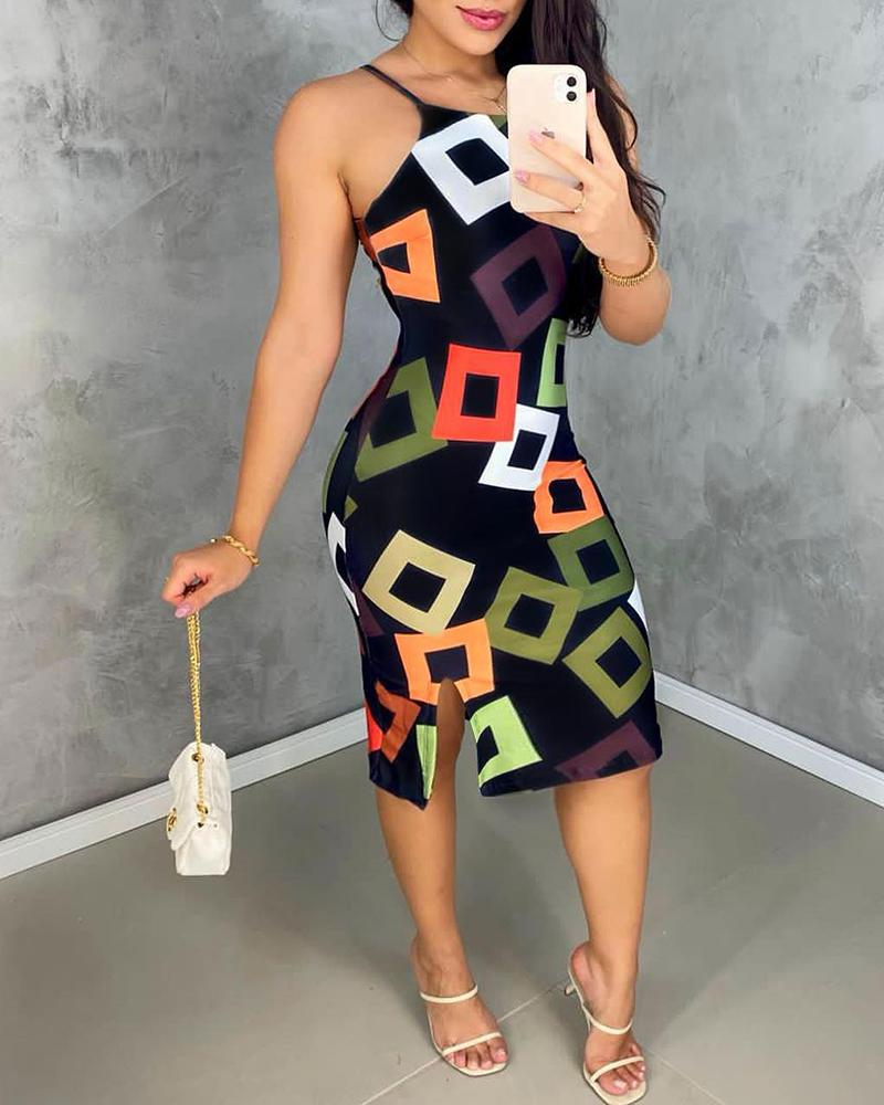 

Geometric Print Spaghetti Strap Slit Bodycon Dress, Black