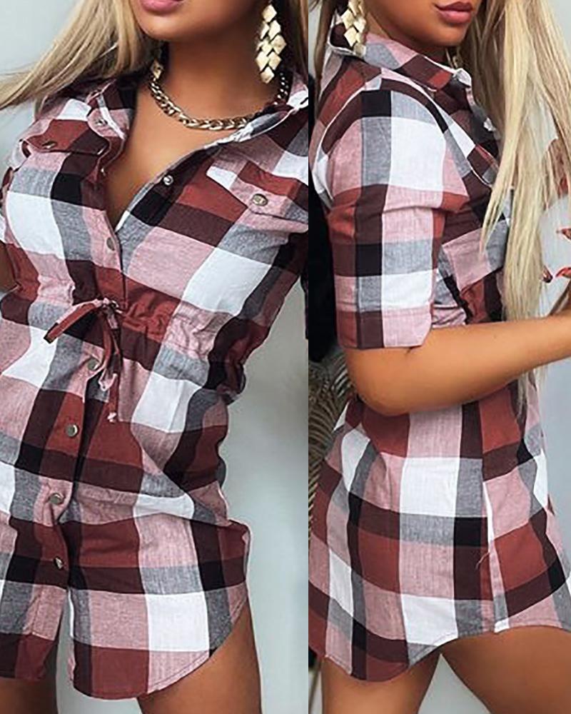 

Plaid Print Drawstring Buttoned Shirt Dress, Red