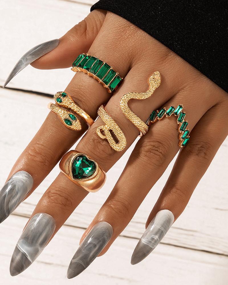 

5pcs Retro Snake Heart Geometric Shaped Ring Set, Green