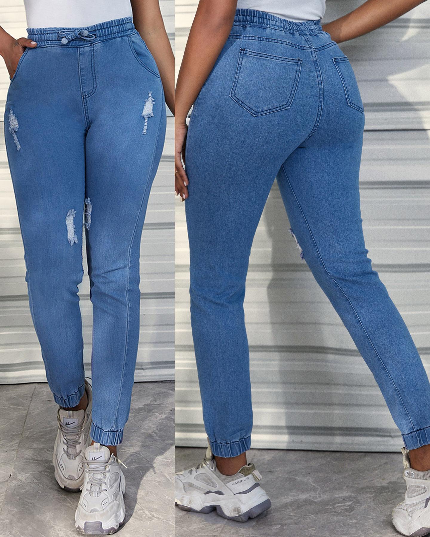 

Ripped Pocket Design Drawstring Jeans, Blue