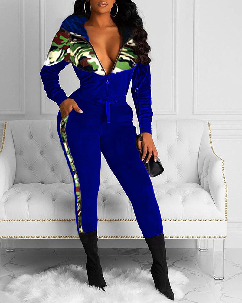 

Camo Patchwork Velvet Zip Up Hooded Top & Pants Set, Blue