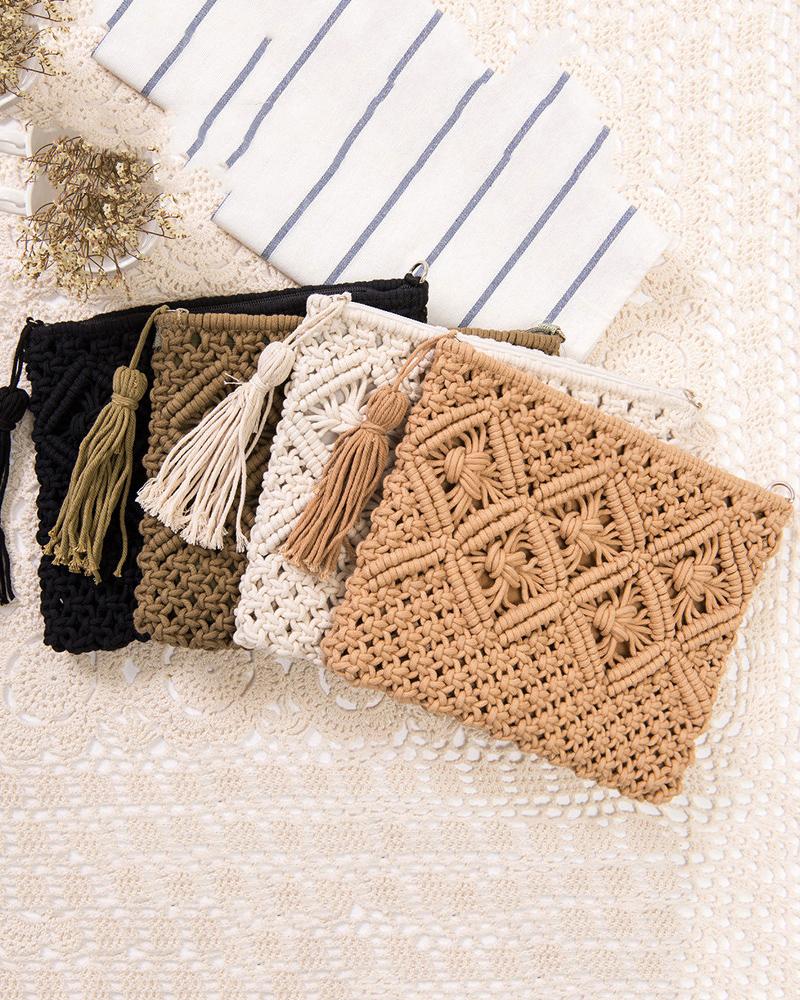 

Retro Tassel Decor Braided Beach Handbag, Khaki