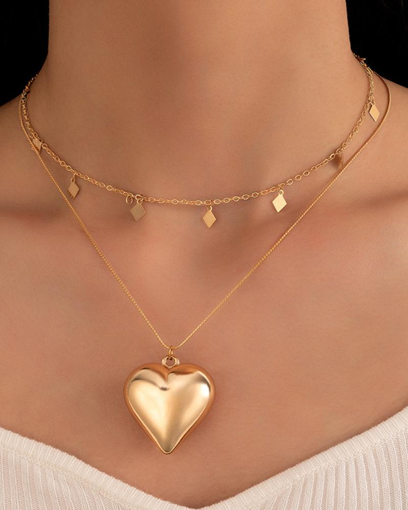 

1pc Valentine's Day Heart Pattern Layered Gift Chain Necklace, Gold