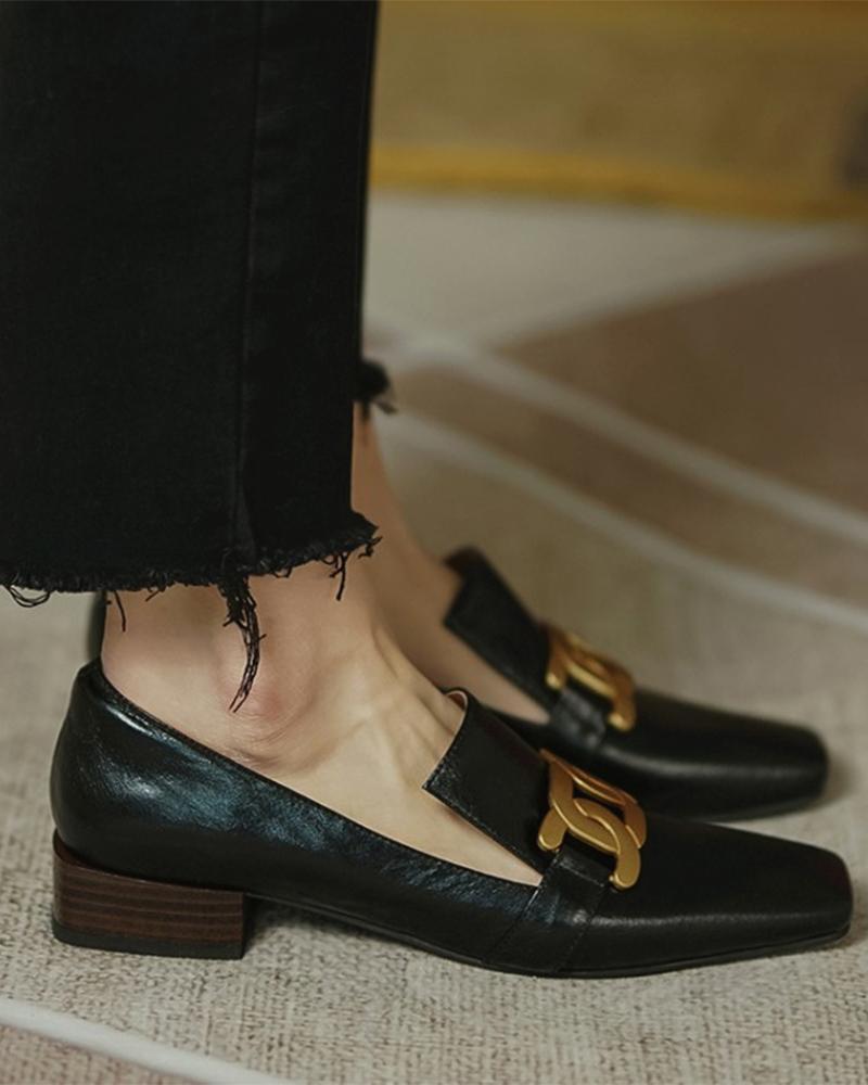 

Link Chain Square Toe Slit Loafers, Black