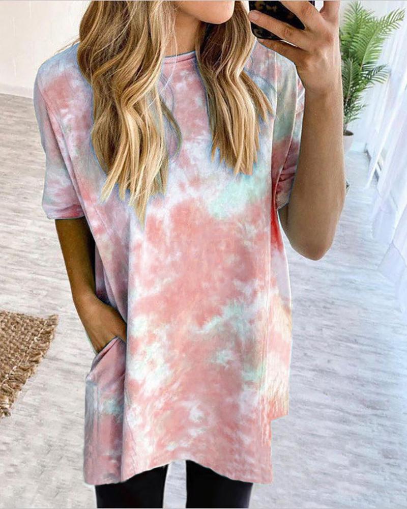 

Tie Dye Print Round Neck T-Shirt, Pink