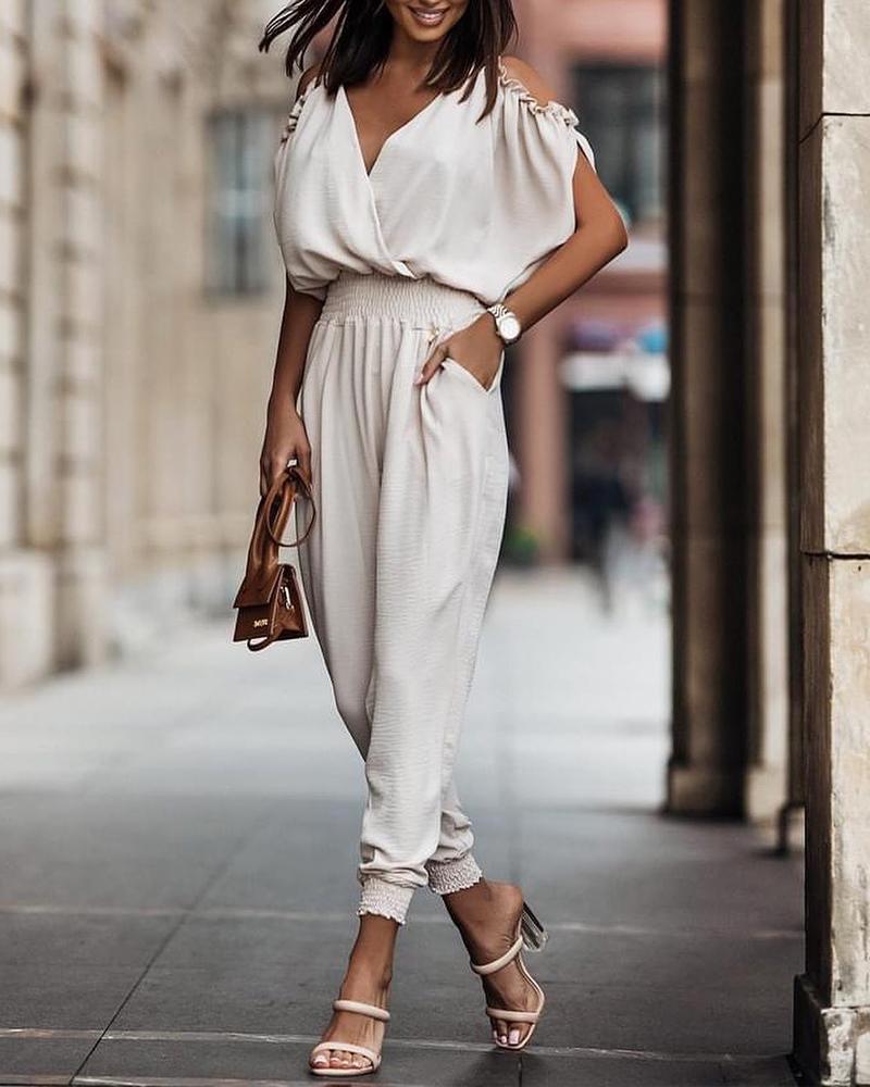 

Frill Hem Cold Shoulder Wrap Top & Cuffed Pants Set, Apricot