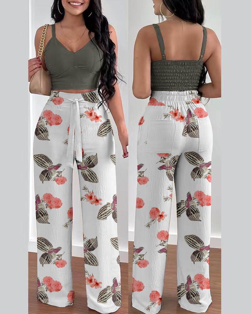 

Shirred Crop Top & Plants Print High Waist Pants Set, White