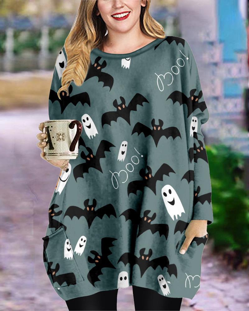 

Plus Size Halloween Bat Ghost Print Long Sleeve Dress, Green