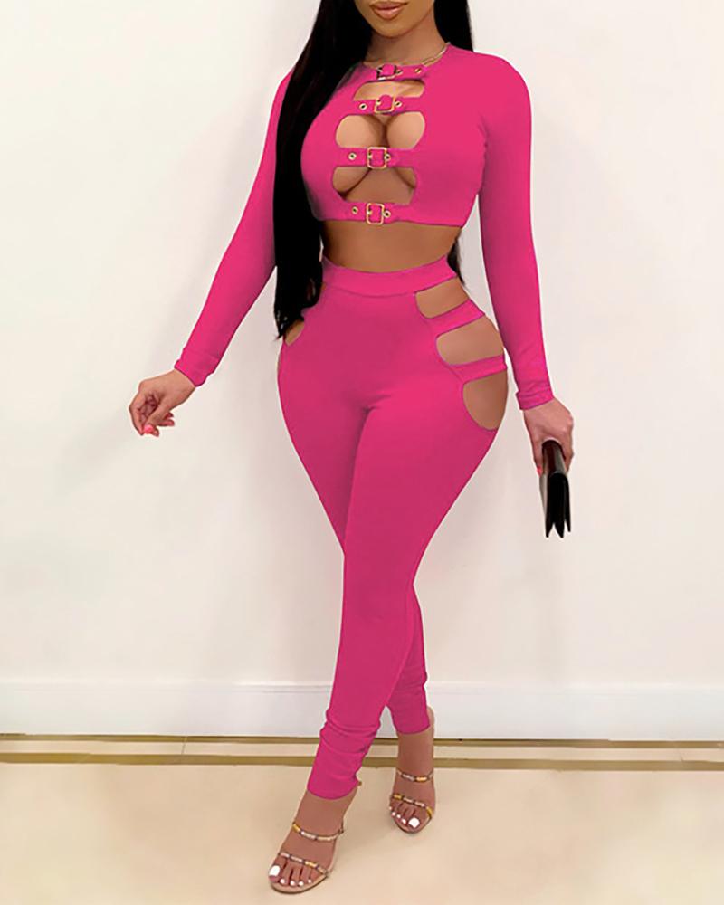 

Eyelet Buckled Ladder Cutout Top & Pants Set, Hot pink