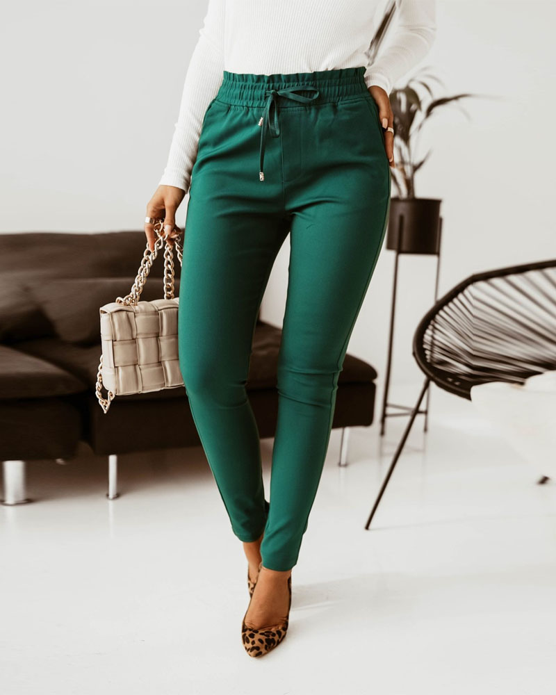 

Drawstring Waist Pocket Detail Skinny Pants, Green