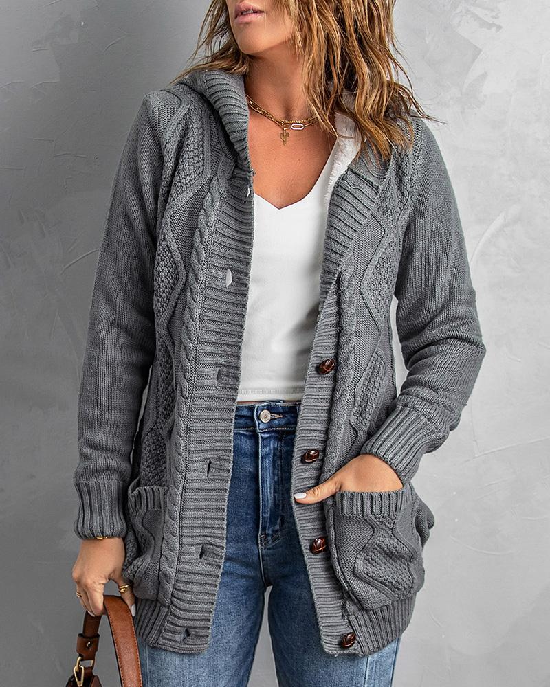 

Long Sleeve Buttoned Hooded Casual Cardigan, Dark grey
