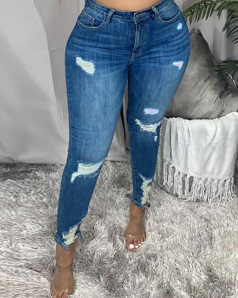 

Plus Size Ripped Pocket Design Skinny Jeans, Blue
