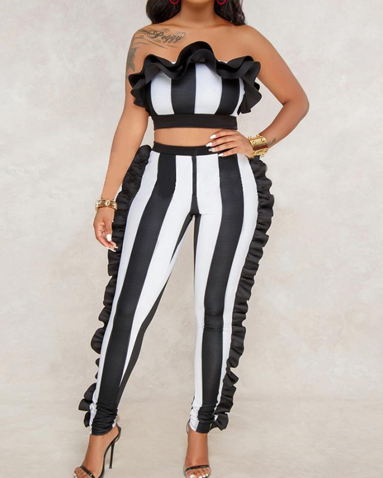 

Sexy Ruffle Trim Striped Crop Top and Pants Set, Black
