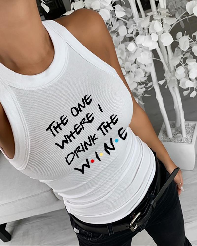 

Letter Print Ribbed Tank Top, White