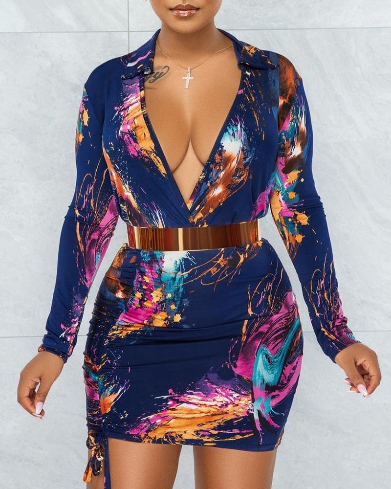 

Ink Splash Pattern Print Drawstring Party Dress, Blue