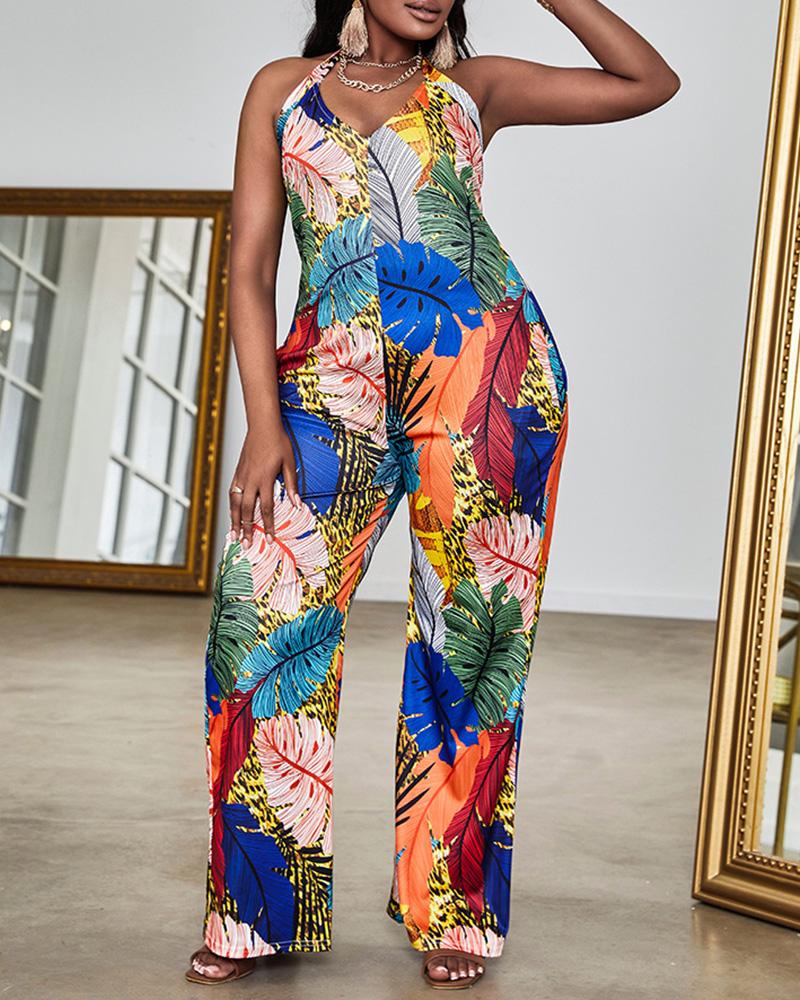 

Tropical Print Halter Backless Wide Leg Jumpsuit, Multicolor