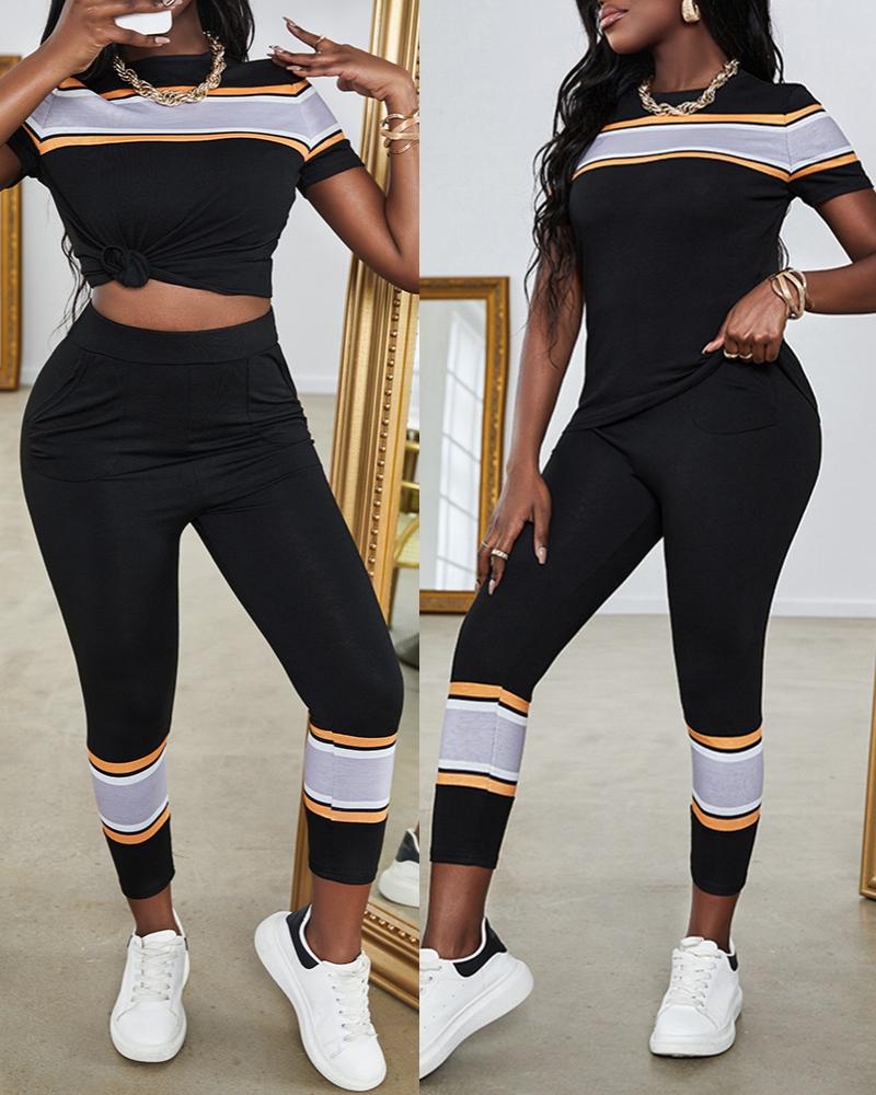 

Colorblock Short Sleeve Casual Top & Pants Set, Black