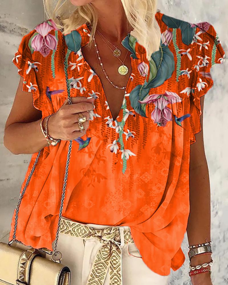 

Floral Print V Neck Sleeveless Ruched Top, Orange