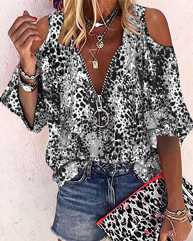 

Leopard Print Cold Shoulder Zip Front Chiffon Top, Gray