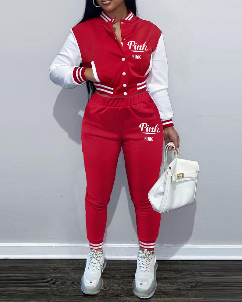 

Letter Print Striped Trim Bomber Jacket & Pants Set, Red