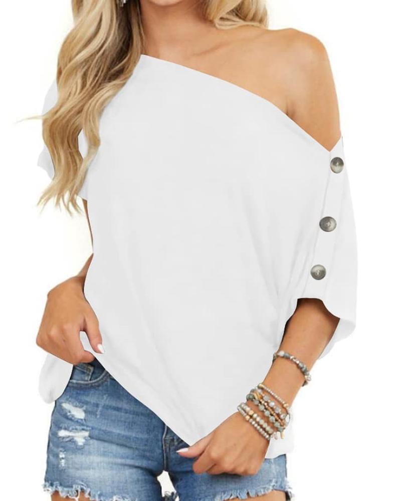 

Cold Shoulder Button Design T-shirt, White