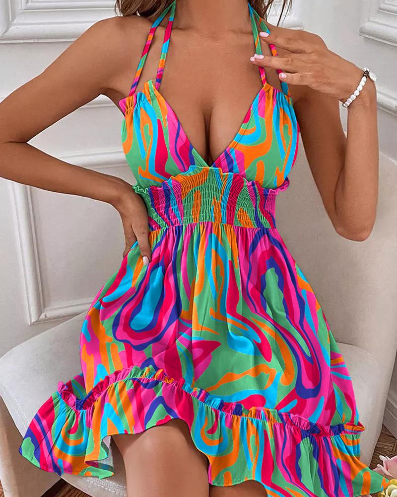 

Multi-Color Abstract Print Shirred Ruffles Halter Casual Dress, Hot pink